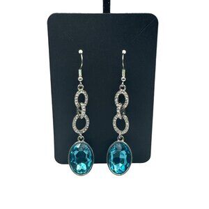 Blue Topaz and Rhinestone Silver Tone Dangle Drop Earrings 2.5 inch